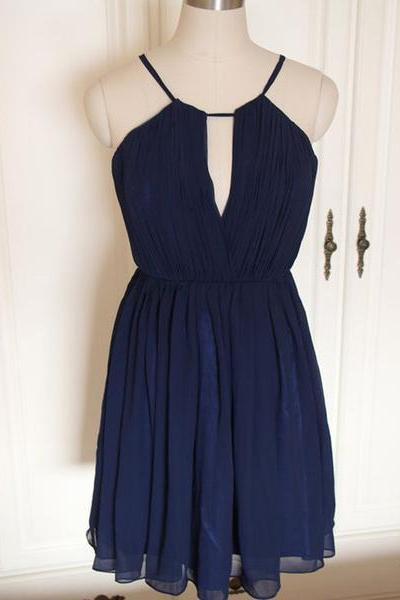 Lovely Navy Blue Chiffon Short Bridesmaid Dress, Cute Party Dress, Blue Wedding Party Dress
