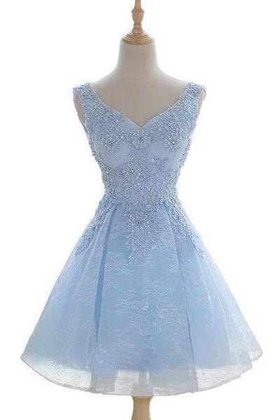 Light Blue Cute V-neckline Lace Short Party Dress, Lace Formal Dress, Lace Party Dresses