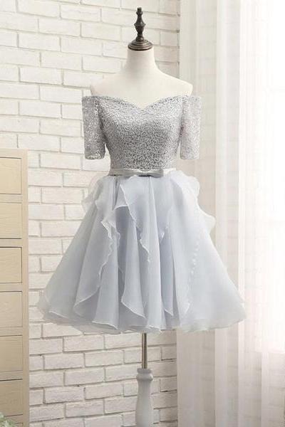 Grey Lace And Organza Homecoming Dresses, Lovely Homecoming Dresses , Short Prom Dress