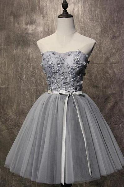 Lovely Tulle Short Grey Dress, Tulle Lace Up Short Dresses Homecoming With Applique, Teen Party Dress
