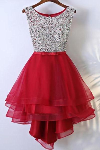 Beautiful Tulle Red Sequins High Low Party Dresses, High Low Homecoming Dresses