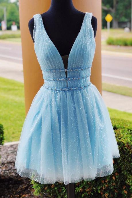 Sparkly Beading Sky Blue Short Prom Dresses, Sequins Homecoming Dress