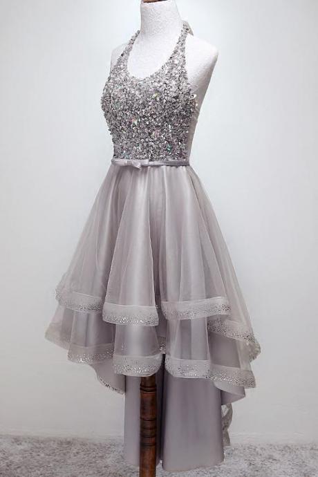 Sparkly Halter High-low Sequins Prom Dress, Tulle Homecoming Dress