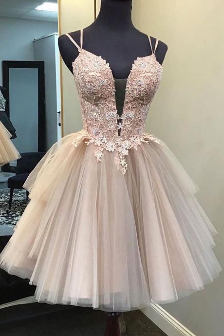Elegant Short Spaghetti Straps Backless Lace Tulle Homecoming Dresses For Teens