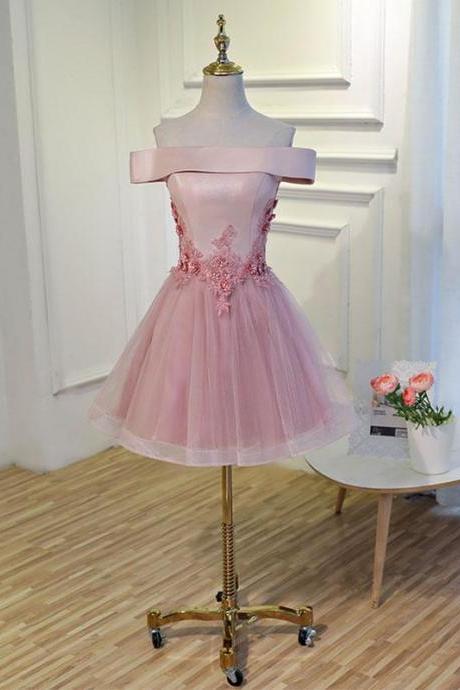 Pink A Line Off Shoulder Knee Length Prom Dress,lace Evening Dress