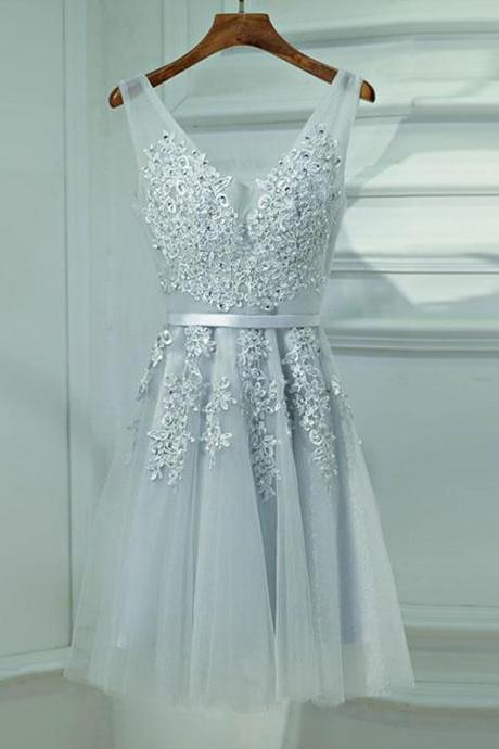 Gray A-line lace tulle short prom dress,homecoming dress