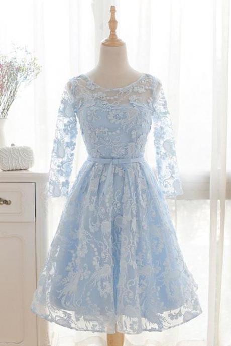 Blue Round Neck Lace Short Prom Dress,bridesmaid Dress
