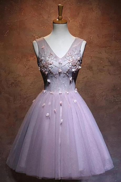 V Neck Tulle Short Prom Dress,pink Homecoming Dress