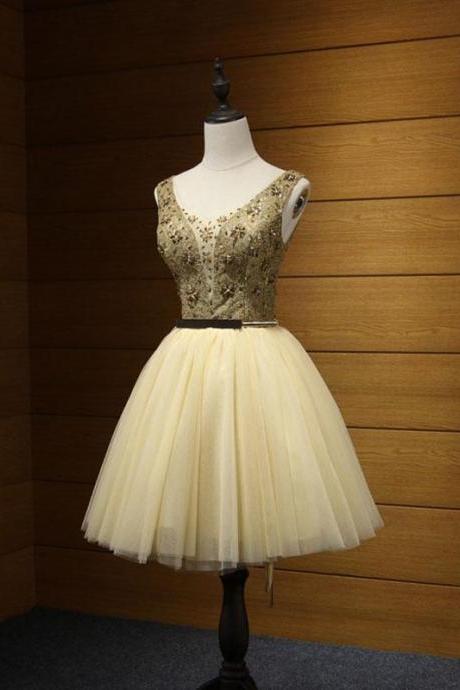 Cute gold tulle lace short prom dress,cute evening dress