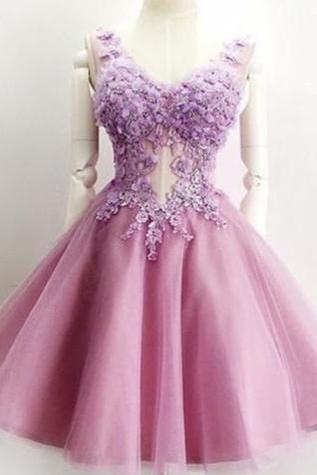 A Line V-neck Appliques Lilac Short Prom Dresses,beading Tulle Sleeveless Graduation Dress,short Cute Prom Dress,sweet Dress,homecoming Dresses