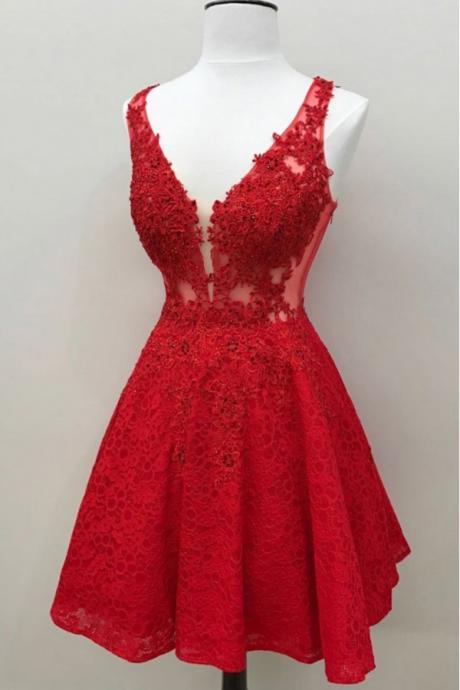 Cute Red Lace Appliques Short Prom Dresses,v Neck Sleeveless Homecoming Dresses, Mini Cocktail Dress