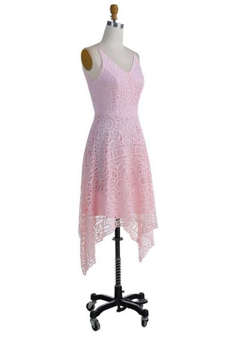 Simple Spaghetti Straps A-line Pink Lace Prom Dresses,gradaution Dresses,beautiful Bridesmaid Dresses