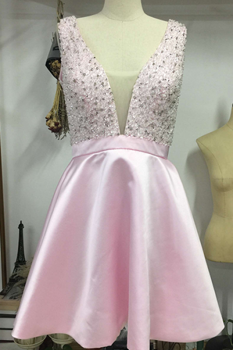 Pink Homecoming Dresses,short Homecoming Dress,v-neck Beaded Homecoming Dress,cocktail Dresses