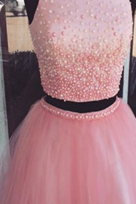 Pink Beading Tulle Short Prom Dresses,Homecoming Dresses,Open Back Two Pieces Homecming Dress