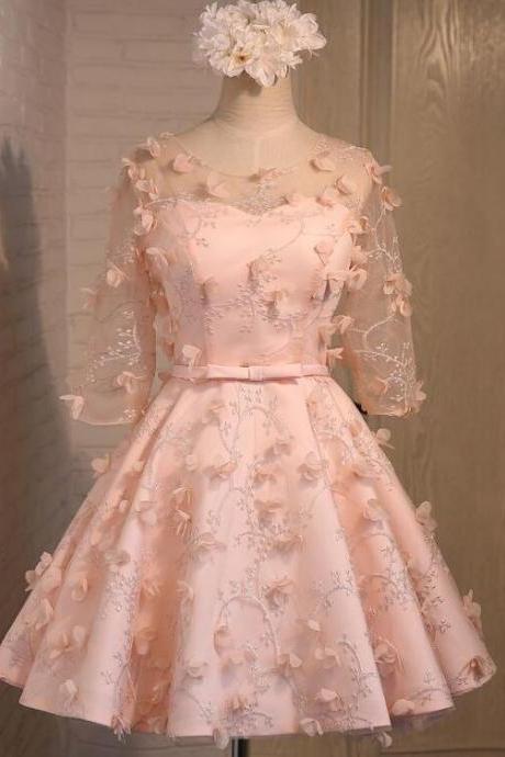 Lovely Pink Lace Short Sleeves Wedding Party Dress, Pink Homecoming Dress