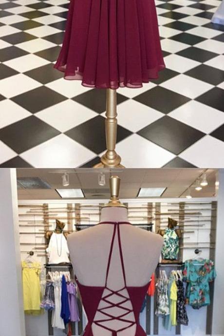 Burgundy A-line Plunge V-neck Chiffon Homecoming Dress For Cocktail Party