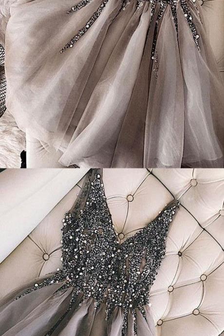 Luxurious Sequins Beaded V-neck Tulle Homecoming Dresses, Short Gray Prom Dress For Birthday Party