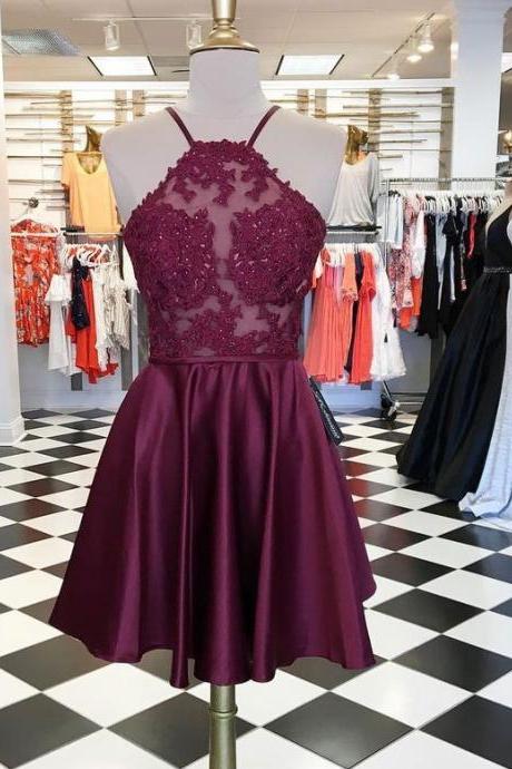 Halter Short Homecoming Dresses Burgundy With Appliques