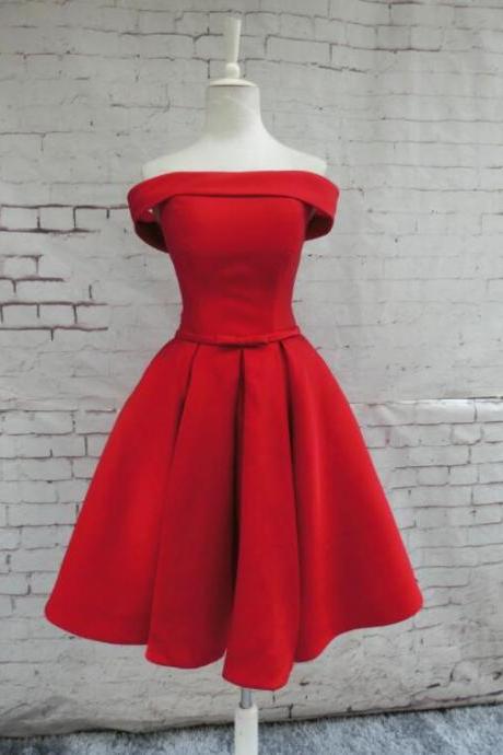 Off Shoulder Short Red Satin Semi Formal Occasion Dresses, Birthday Party Year Wear