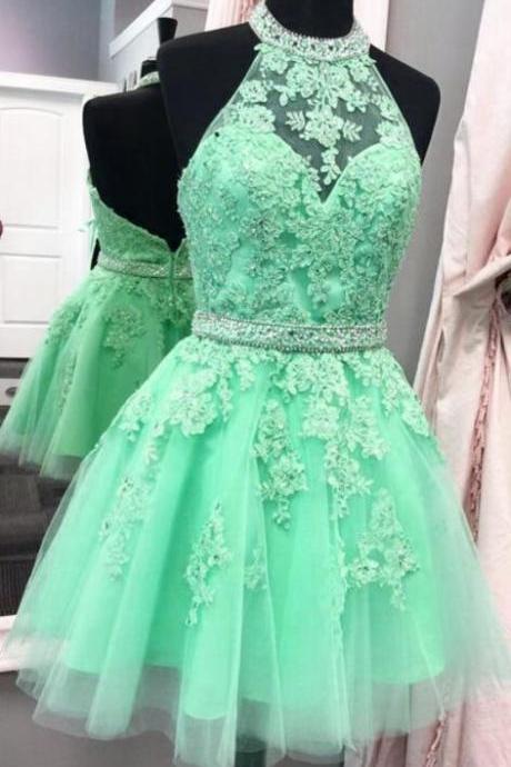 Tulle Homecoming Dress,short Prom Dresses, Halter Homecoming Dress,lace Homecoming Dress,elegant Party Dress