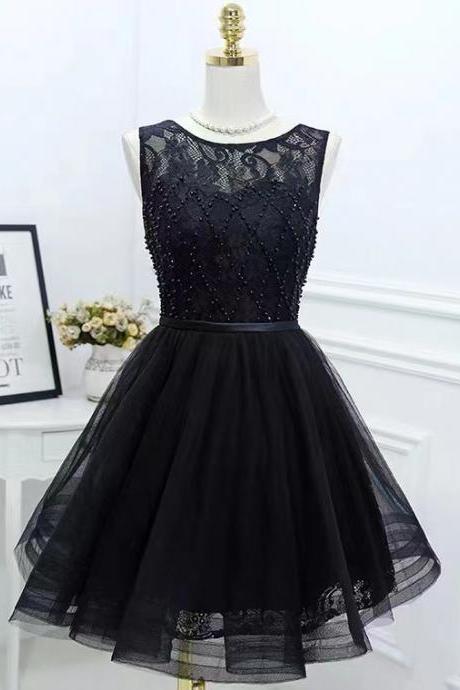 Fashion, Black Evening Dress, Lace Puffy Dress, Sleeveless Homecoming Dress