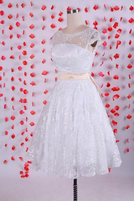 Stunning Wedding Dress,short Bridesmaid Dresses,white Bridesmaid Dress, A-line Cap Sleeves Bridesmaid Dress,lace Wedding Dresses,bridal
