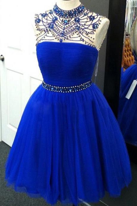 Tulle Beaded Royal Blue Homecoming Dress, Short Graduation Dress, Prom Dress