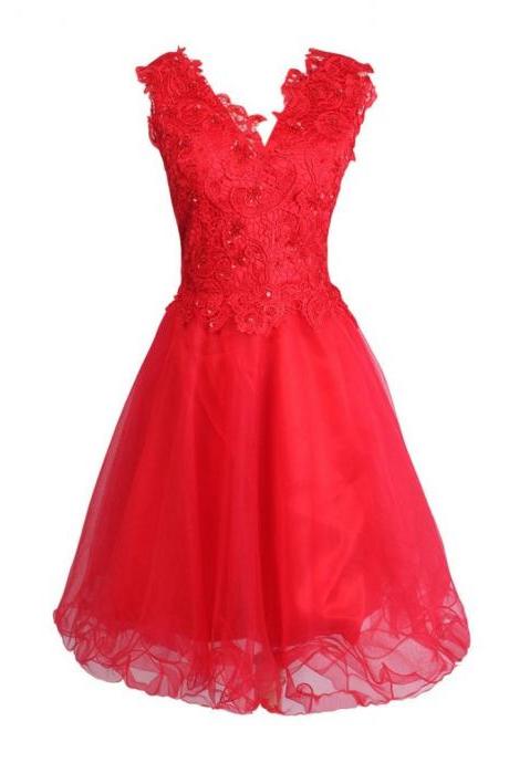 Elegant Red Prom Dress, Appliques Prom Gown, Short Homecoming Dress Graduation Dress
