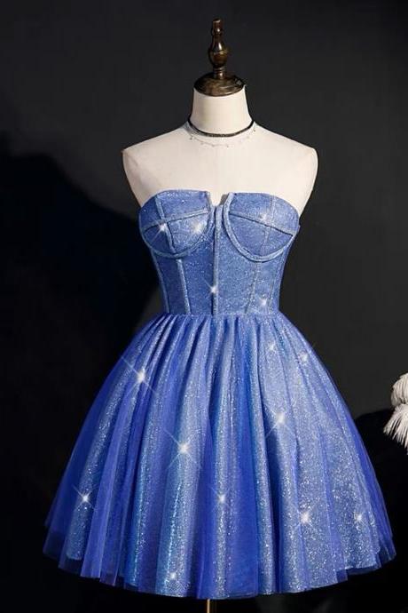 Starry Blue Strapless Prom Dresses, Little Short Homecoming Dresses, Shiny Party Dresses