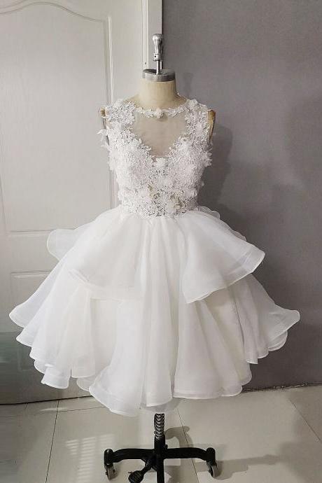 White Round Neck Tulle Lace Short Prom Dress, White Lace Homecoming Dress