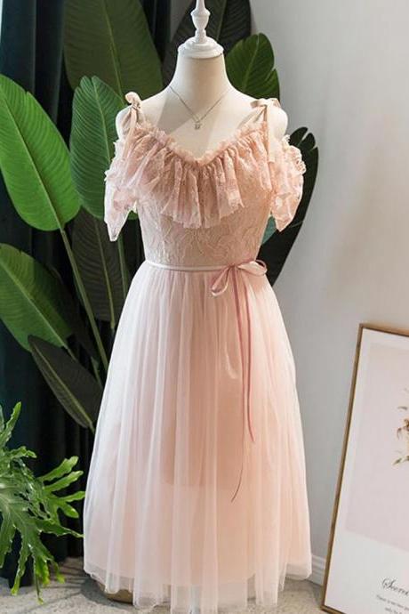 Blush Pink Party Dress,Lace Short Homecoming Dress,Spaghetti Strap Dress