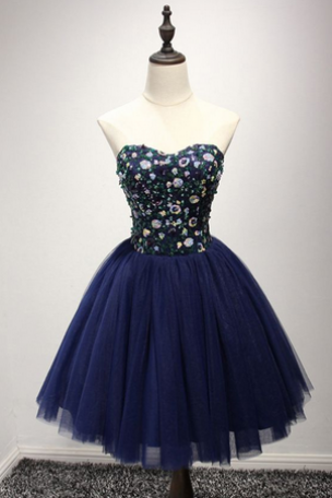Unique Vintage Short Ballgown Prom Homecoming Dress With Flowers Sashdark Navy Blue Short Prom Dress With Sequin Bodice