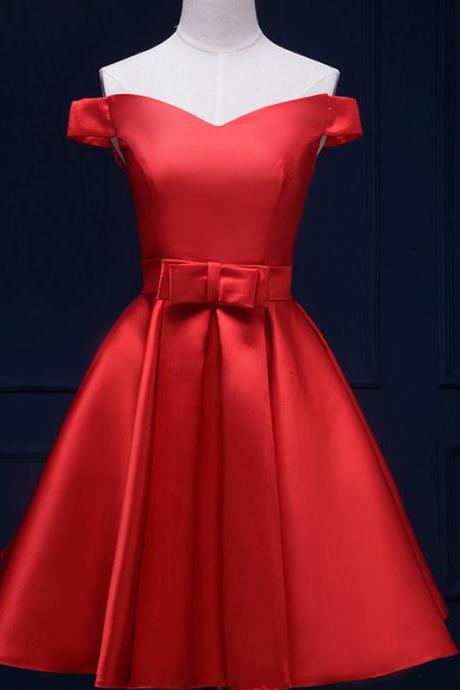 Red Short A-line Evening Dress, Square Neckline Bodice,bow Accent Belt And Lace Up Back