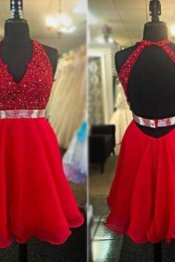 V-neck A-line Short/mini Prom Dress,homecoming Dress,graduation Dress,party Dress, Red Homecoming Dresses