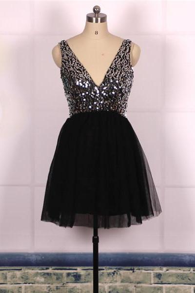 Sweetheart V Neck Ball Gown,sexy Backless Bling Bling Short Black Prom Dresses, Formal Evening Dresses, Homecoming Graduation Cocktail Party