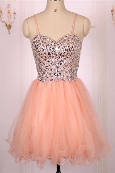 Beaded Sweetheart Ball Gown, Tulle Coral Short Prom Dresses, Formal Evening Dresses, Homecoming Graduation Cocktail Party Dresses
