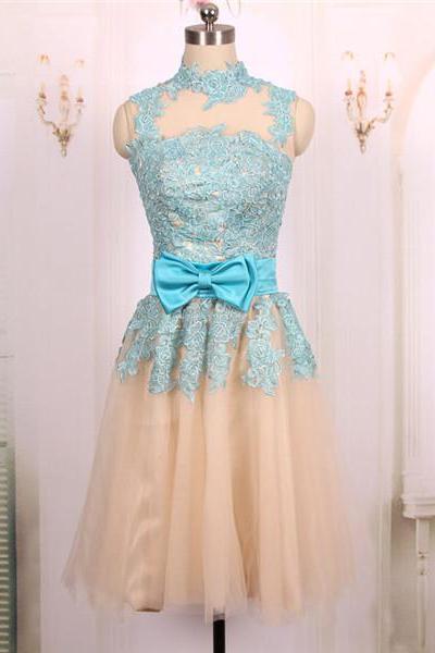Sweetheart Ball Gown, High Neck Short Champagne Prom Dresses, Formal Evening Dresses, Homecoming Graduation Cocktail Party Dresses