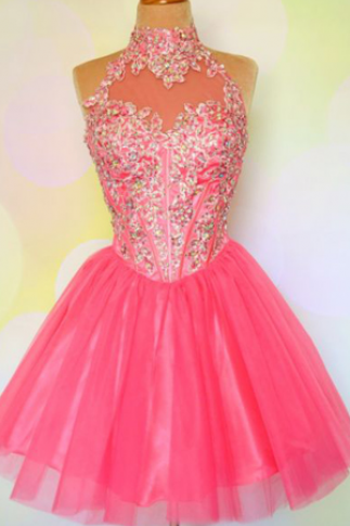 Pink homecoming dress, open back homecoming dress, fantastic homecoming dress, princess prom dress, charming homecoming dress