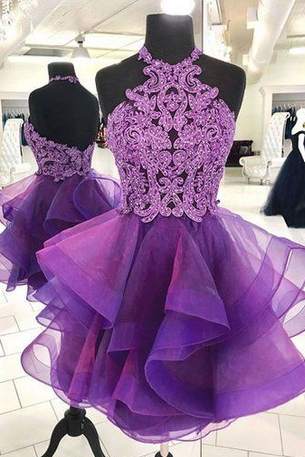 Sexy Halter Lace Purple Tulle A Line Short Homecoming Dress, Sexy Backless Homecoming Gowns