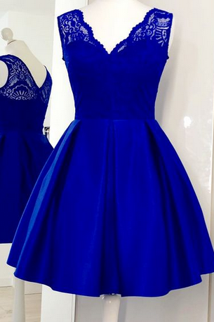 A Line Sexy V-neck Royal Blue Lace Short Homecoming Dress, Knee- Length Women Pageant Dresses