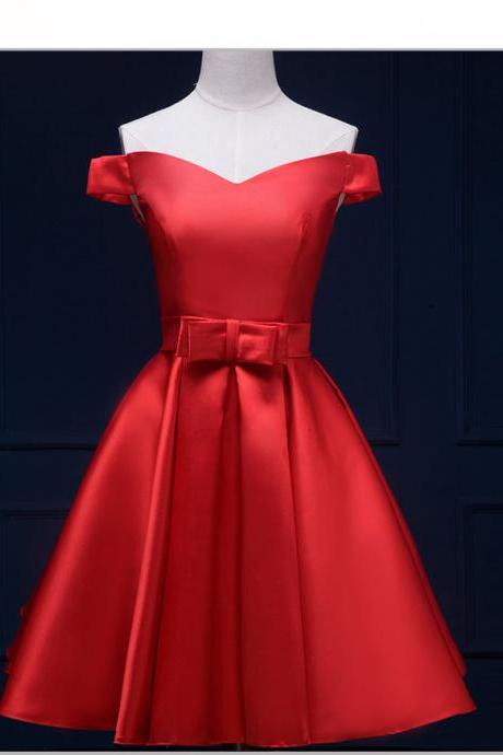 Off Shoulder Red Satin Bow Homecoming Dress, Short Fashion Women Cocktail Party Gowns
