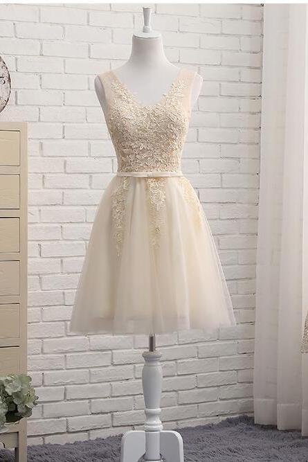 Simple Light Champagne Lace Short Homecoming Dress, V-neck Lace Up Prom Dress Short, Short Bridesmaid Dress