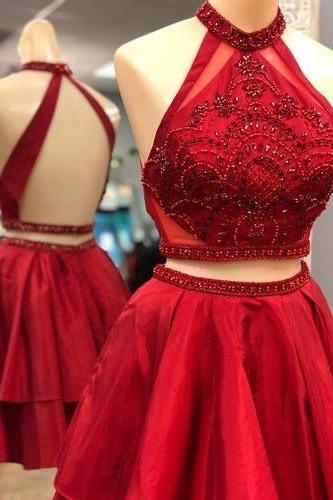 Red High Neck Beaded Homecoming Dress, Above Length Short Prom Dress, Girls Party Dress , Short Cocktail Gowns