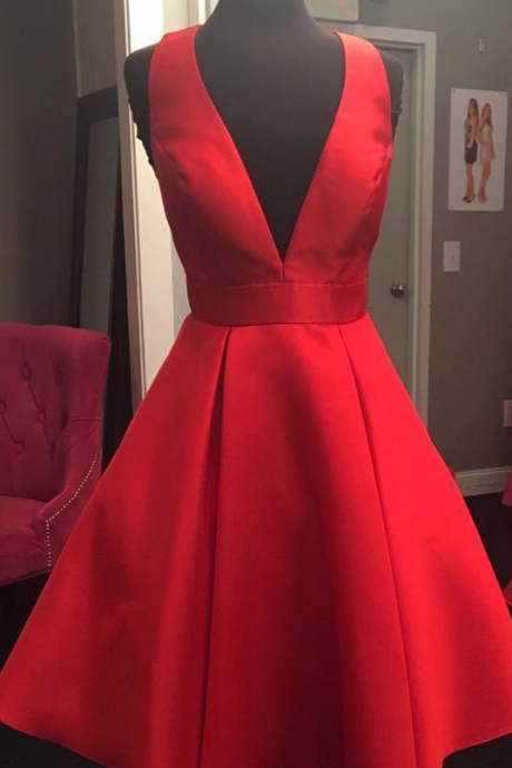 Red Satin Short Homecoming Dress, A Line V-neck Cocktail Party Gowns, Patry Gowns With Bow