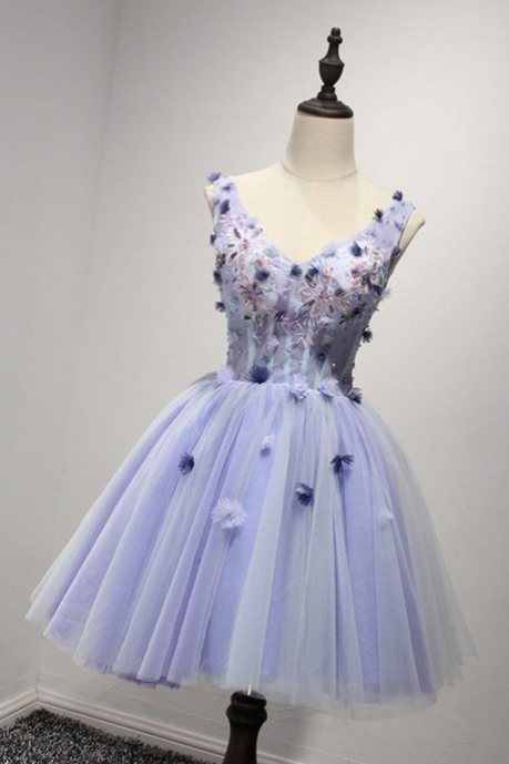 V-neck Lavender Tulle Short Homecoming Dress, Flower Sweet Prom Party Gowns ,short Cocktail Gowns For Teens