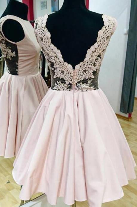Light Pink Satin Short Homecoming Dress, Strapless Back V Mini Party Gowns, Short Cocktail Gowns, Party Gowns