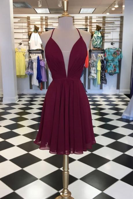 Cute Burgundy Chiffon Short Homecoming Dress, A Line Women Party Gowns, Cocktail Gowns ,mini Party Gowns