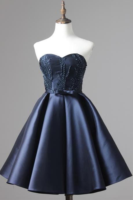 Navy Blue Satin Beaded Short Homecoming Dress, Mini Girls Party Gowns, Short Cocktail Gowns, Sweet Prom Gowns