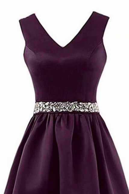 A Line Homecoming Dress, Purple Prom Dresses, V Neck Sleeveless Zipper Back Party Dress, Satin Beading Crystal Formal Gown