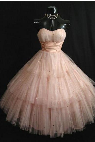 Pink Prom Dresses Strapless Evening Dresses, Layered Tulle Sequins Tea Length Short Homecoming Dress, Ball Gown, Wedding Party Gowns